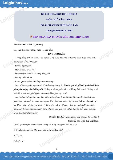 Đề thi giữa kì 1 Văn 6 Chân trời sáng tạo - Đề số 2